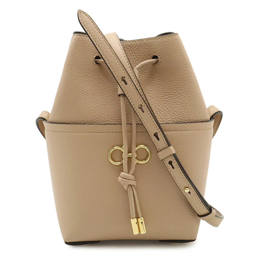 Salvatore Ferragamo Double Gancini Bag Drawstring Leather Pink Beige Cream
